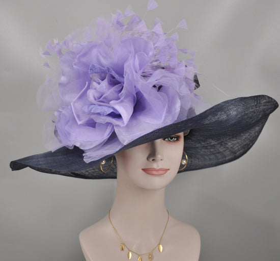 Navy Blue   + More Colors Options Feather Flower and Silk Flower Wide Brim Sinamay Hat Kentucky Derby Hat, Church  Wedding Easter