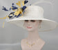 Wide Brim Sinamay Hat Church Kentucky Derby Hat Carriage Tea Party Wedding Hat Royal Ascot Horse Race Oaks day hatWhite w Navy Blue Gold