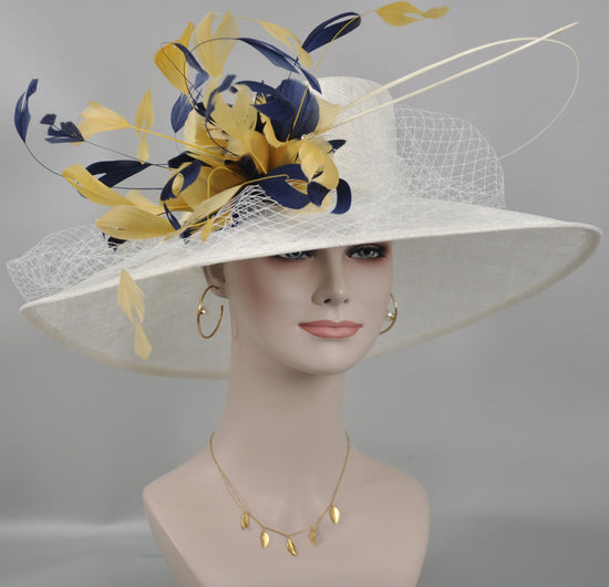 Wide Brim Sinamay Hat Church Kentucky Derby Hat Carriage Tea Party Wedding Hat Royal Ascot Horse Race Oaks day hatWhite w Navy Blue Gold