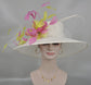 Wide Brim Sinamay Hat Church Kentucky Derby Hat Carriage Tea Party Wedding HatRoyal Ascot Horse Race Oaks day hatWhite w Lime Green Hot Pink