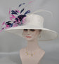 Wide Brim Sinamay Hat Church Kentucky Derby Hat Carriage Tea Party Wedding Hat Feather Flower Ostrich Quills Off White w Navy Blue Hot Pink