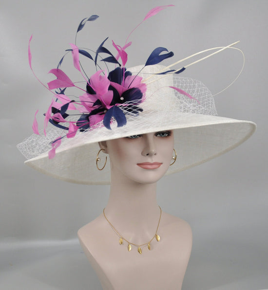 Wide Brim Sinamay Hat Church Kentucky Derby Hat Carriage Tea Party Wedding Hat Feather Flower Ostrich Quills Off White w Navy Blue Hot Pink