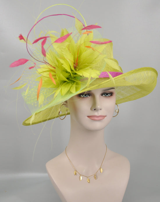 Church Kentucky Derby Hat Carriage Tea Party Wedding  Feather Flowers Ostrich Quills  Lime Green w  Orange and Hot Pink