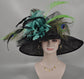 Black w Turquoise Feather Flowers  Peacock Feathers  Kentucky Derby Hat Tea Party Carriage Party  Royal AscotWide Brim  Sinamay Hat