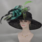 Black w Turquoise Feather Flowers  Peacock Feathers  Kentucky Derby Hat Tea Party Carriage Party  Royal AscotWide Brim  Sinamay Hat