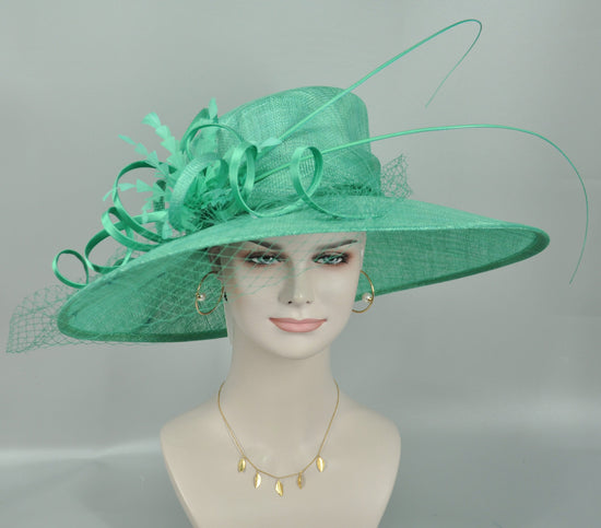 Jade Green  Wide Brim Sinamay Hat Church Kentucky Derby Hat Carriage Tea Party Wedding  Royal Ascot Horse Race Oaks day hat