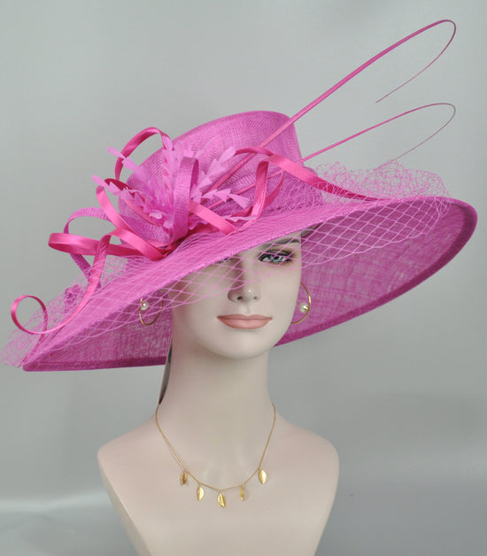 TH21009 Fuchsia Wide Brim Sinamay Hat Church Kentucky Derby Hat Carriage Tea Party Wedding  Royal Ascot Horse Race Oaks day hat