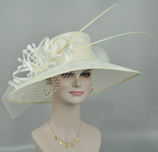 TH21009 Off White/ Cream Wide Brim Sinamay Hat Church Kentucky Derby Hat Carriage Tea Party Wedding  Royal Ascot Horse Race Oaks day hat