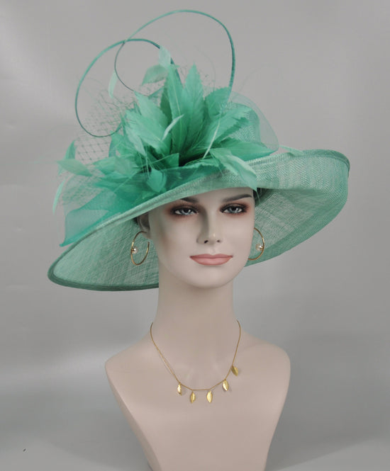 Church Kentucky Derby Hat Carriage Tea Party Wedding  Feather Flowers and Ostrich  Quills (turquoise+ more colors)