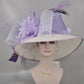 Church Kentucky Derby Hat Wide Brim Sinamay Hat Carriage Tea Party Wedding  White with Lavender Lilac Bows Peacock Feathers Pheasant Feather