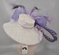 Church Kentucky Derby Hat Wide Brim Sinamay Hat Carriage Tea Party Wedding  White with Lavender Lilac Bows Peacock Feathers Pheasant Feather