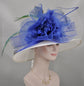 Church Kentucky Derby Hat Wide Brim Sinamay Hat  Carriage Tea Party Wedding  White with Royal Blue Silk Flower Peacock  Pheasant feathers