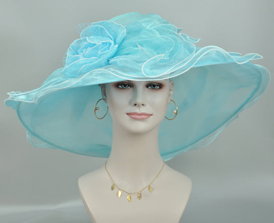 New Kentucky Derby, Church, Wedding, Tea Party with Big Bow & Flower 7" Wide Brim Organza Hat ( Light Blue)