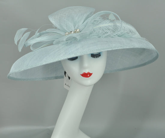 Powder Blue Wide Brim Sinamay Hat Church Kentucky Derby Hat Carriage Tea Party Wedding  Rhinstones w Sinamay Bow Ostrich Feather