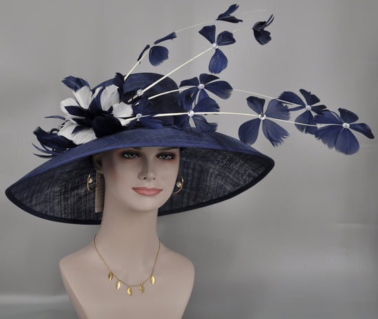 Navy Blue w White Feather Flowers Kentucky Derby Hat Tea Party Carriage Party Royal Ascot Oaks day hat