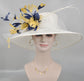 Wide Brim Sinamay Hat Church Kentucky Derby Hat Carriage Tea Party Wedding Hat Royal Ascot Horse Race Oaks day hatWhite w Navy Blue Gold