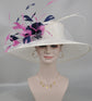 Wide Brim Sinamay Hat Church Kentucky Derby Hat Carriage Tea Party Wedding Hat Feather Flower Ostrich Quills Off White w Navy Blue Hot Pink