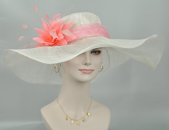 Church Kentucky Derby HatCarriage Tea Party Wedding Wide Brim Sinamayw Feahters Hat  White with Pink