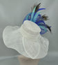 White Wide Brim Sinamay Hat Kentucky Derby Hat w Turquoise Royal Blue Feather Flower Peacock Feathers Kentucky Derby Wedding Hat, Easter Hat