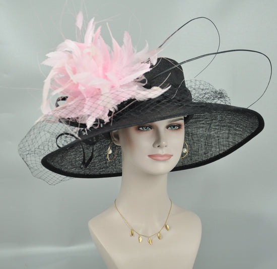 Black Royal Ascot Horse Race Oaks day hatWide Brim Sinamay Hat Kentucky Derby Hat Carriage Tea Party Wedding  Mother of bride hat