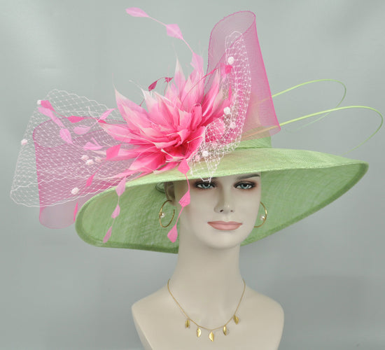 Church Kentucky Derby Hat Wide Brim Sinamay Hat Carriage Tea Party Wedding Spring Green( More colors options) w Pink Hot Pink Fuchsia Flower