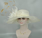 Ivory/Off White w Gold Feather Flower Kentucky Derby Hat, Church Hat, Wedding Hat, Easter , Tea Party  Wide Brim  Sinamay  Hat