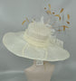 Ivory/Off White w Gold Feather Flower Kentucky Derby Hat, Church Hat, Wedding Hat, Easter , Tea Party  Wide Brim  Sinamay  Hat