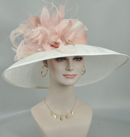 Church Kentucky Derby HatCarriage Tea Party Wedding Wide Brim  Royal A Hat  Sinamay Hat  Off White/Ivory  w Dusty/Blush  Pink Feather Flower