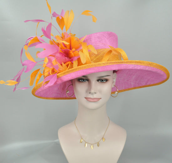 Church  Kentucky Derby Hat Carriage Tea Party Wedding Wide Brim Woman’s Royal Ascot Hat in Solid Sinamay Hat Hot Pink w Orange