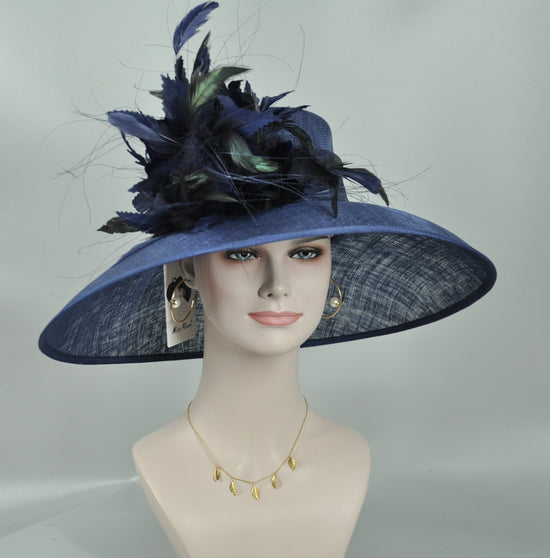 Navy Blue  w Feather Flowers  Kentucky Derby Hat ,Tea Party Carriage Party  Royal AscotWide Brim  Sinamay Hat