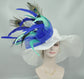 White Wide Brim Sinamay Hat Kentucky Derby Hat w Turquoise Royal Blue Feather Flower Peacock Feathers Kentucky Derby Wedding Hat, Easter Hat