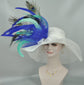 White Wide Brim Sinamay Hat Kentucky Derby Hat w Turquoise Royal Blue Feather Flower Peacock Feathers Kentucky Derby Wedding Hat, Easter Hat