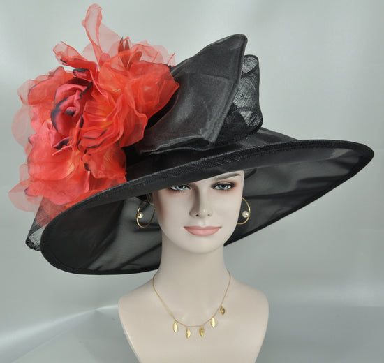 Black + Red Kentucky Derby Hat, Church hat, Tea Party Hat, Custom hat, Formal Hat, Fashion HatWide Brim Sinamay w Organza Hat