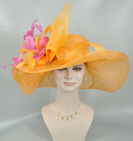 Orange w Hot Pink Feather Flower Jumbo Bow Kentucky Derby Hat Church Hat Wedding Hat Easter Hat Tea Party Hat