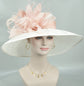 Church Kentucky Derby HatCarriage Tea Party Wedding Wide Brim  Royal A Hat  Sinamay Hat  White w Dusty Pink Feather Flower