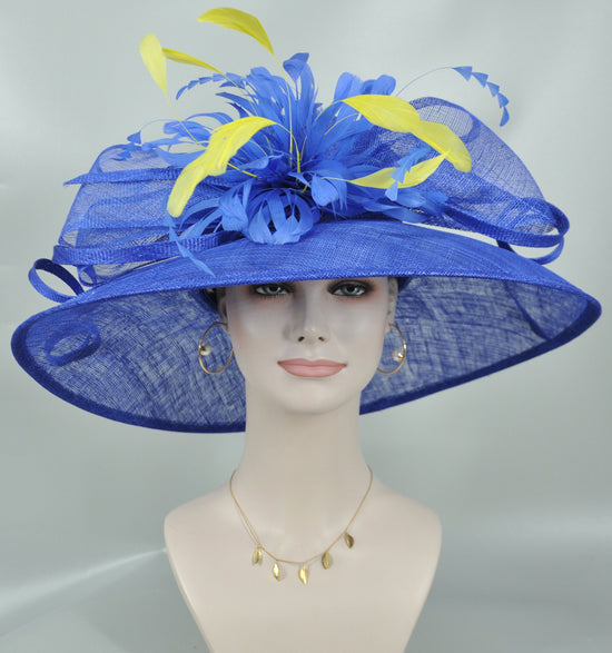 Church Kentucky Derby HatCarriage Tea Party Wedding  With Jumbo Feather Flower and Bows  Royal Blue w Yellow