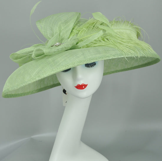 Spring Green Wide Brim Sinamay Hat Church Kentucky Derby Hat Carriage Tea Party Wedding  Rhinstones w Sinamay Bow Ostrich Feather