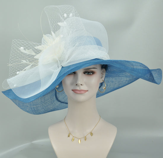 Church Kentucky Derby HatCarriage Tea Party Wedding Wide Brim Sinamayw Feahters Hat  Blue with White Crin and Netting