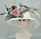 White w Red Silk Flowers  Peacock Feathers  Kentucky Derby,Tea Party Carriage Party  Royal AscotWide Brim  Sinamay Hat Black Gold