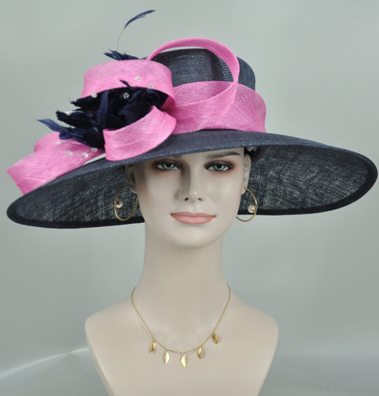 SM21007 Church Kentucky Derby Hat Carriage Tea Party Wedding Wide Brim  Royal Ascot Hat in Solid Sinamay Hat Navy Blue w Hot Pink