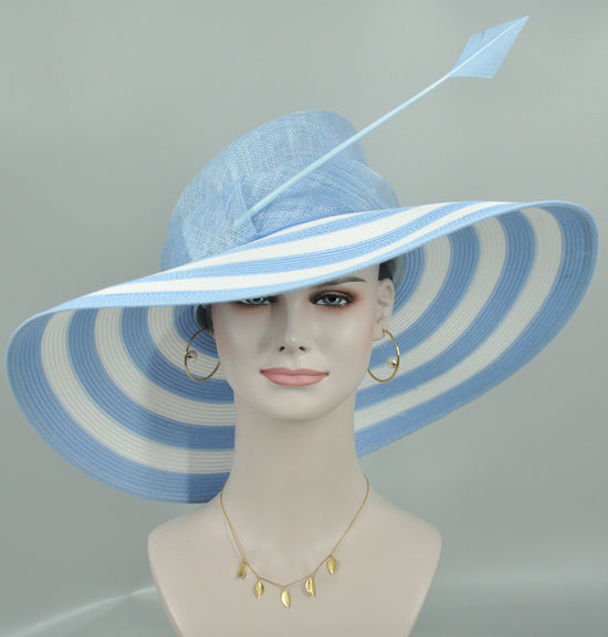 Powder Blue w White Kentucky Derby Hat, Tea Party Hat Wide Brim Sinamay W Straw Hat