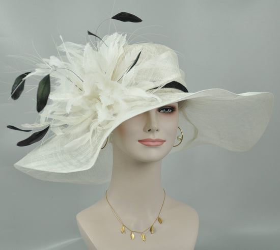 White w Black Feather Flower Kentucky Derby Hat, Church Hat, Wedding Hat, Easter Hat,  Wide Brim  Sinamay  Hat