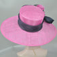 SM21007 Church Kentucky Derby Hat Carriage Tea Party Wedding Wide Brim  Royal Ascot Hat in Solid Sinamay Hat  Hot Pink W Navy Blue