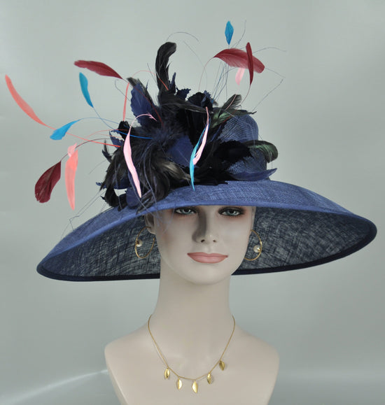 Navy Blue  w Teal Blue Coral Pink Burgundy  Feather Flowers Kentucky Derby Hat Tea Party Carriage Party Wide Brim  Sinamay Hat