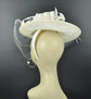 Sinamay Disc Fascinator Hat with Feathers and Netting Ivory Kentucky Derby Party Eastern Church Wedding Tea Party Cocktail Hat