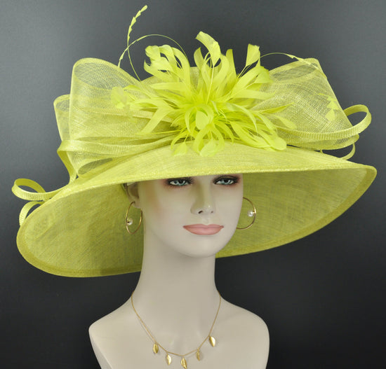 Church Kentucky Derby Hat Carriage Tea Party Wedding  With Jumbo Feather Flower and Bows Lime Green