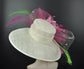 Church Kentucky Derby Hat   Tea Party Wedding Wide Brim  Royal Ascot Hat in Solid Sinamay Hat Ivory/Off White and  Hot Pink w Green