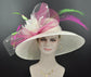 Church Kentucky Derby Hat   Tea Party Wedding Wide Brim  Royal Ascot Hat in Solid Sinamay Hat Ivory/Off White and  Hot Pink w Green