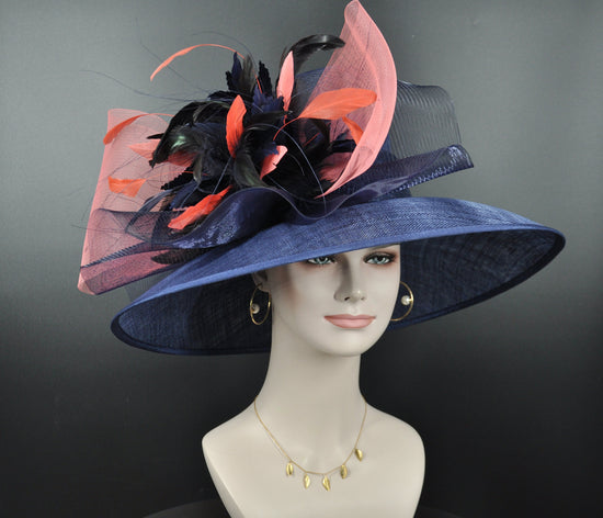 Navy Blue  w  Coral Pink  Feather Flowers Kentucky Derby Hat Tea Party Carriage Party Wide Brim Sinamay Hat