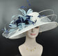 Wide Brim Sinamay Hat Church Kentucky Derby Hat Carriage Tea Party Wedding Hat Feather Flower Ostrich Quills White w Navy Blue Powder Blue